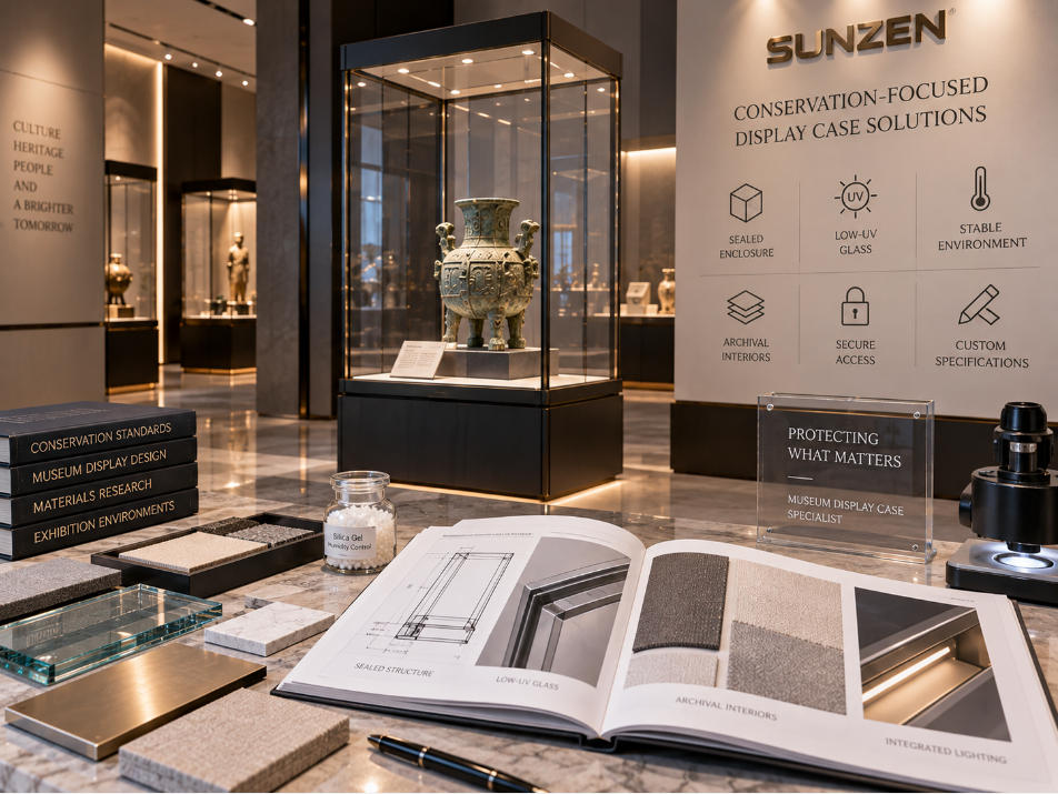 Museum display case supplier coordinating enclosure sealing interior materials and conservation specifications for artifact display