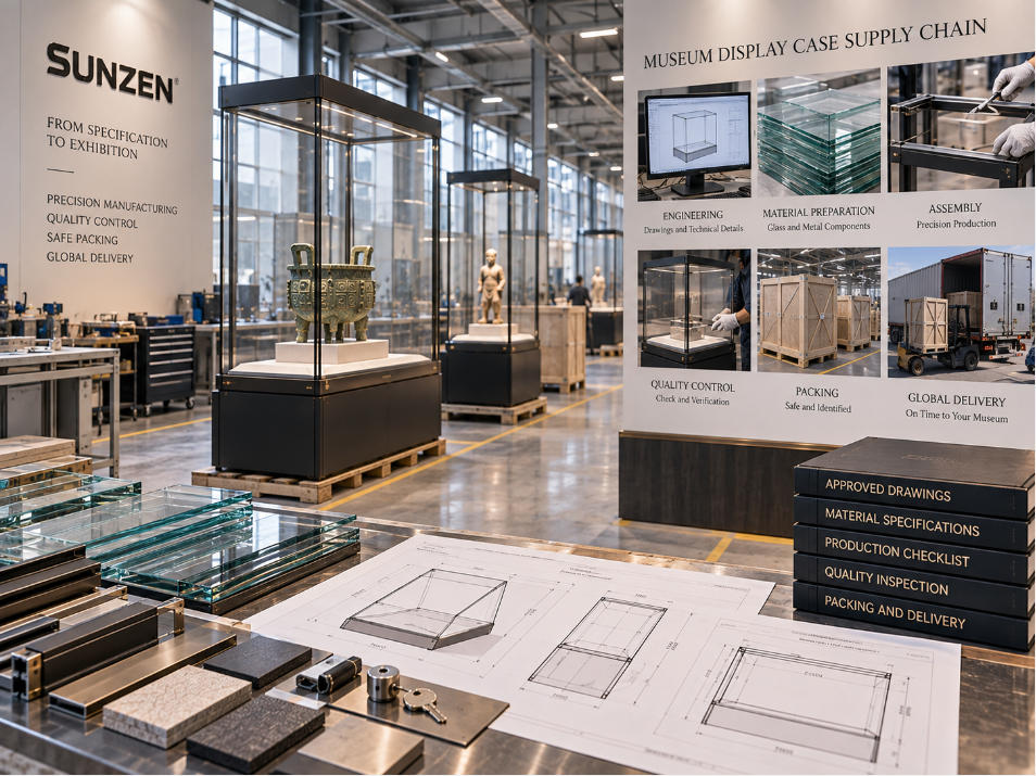 Museum display case supplier connecting approved vitrine specifications with museum showcase factory production and quality control