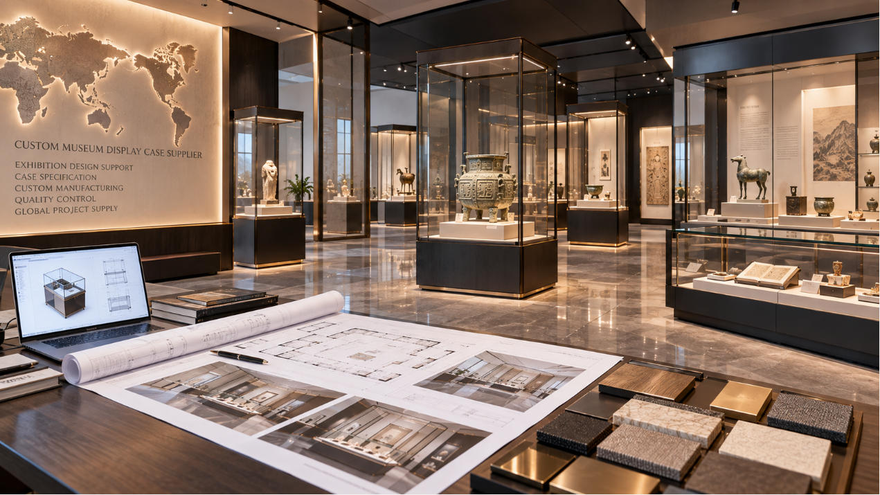 Custom museum display case supplier coordinating vitrines conservation specifications case types and exhibition project supply