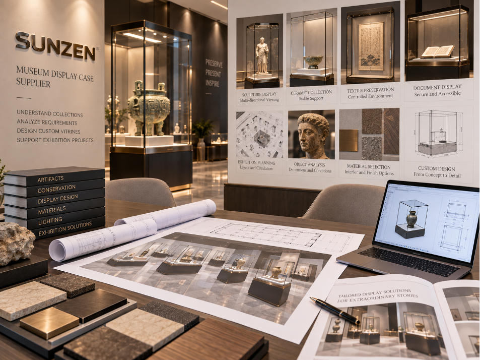 Museum display case supplier planning custom vitrines around artifacts conservation requirements viewing and exhibition conditions