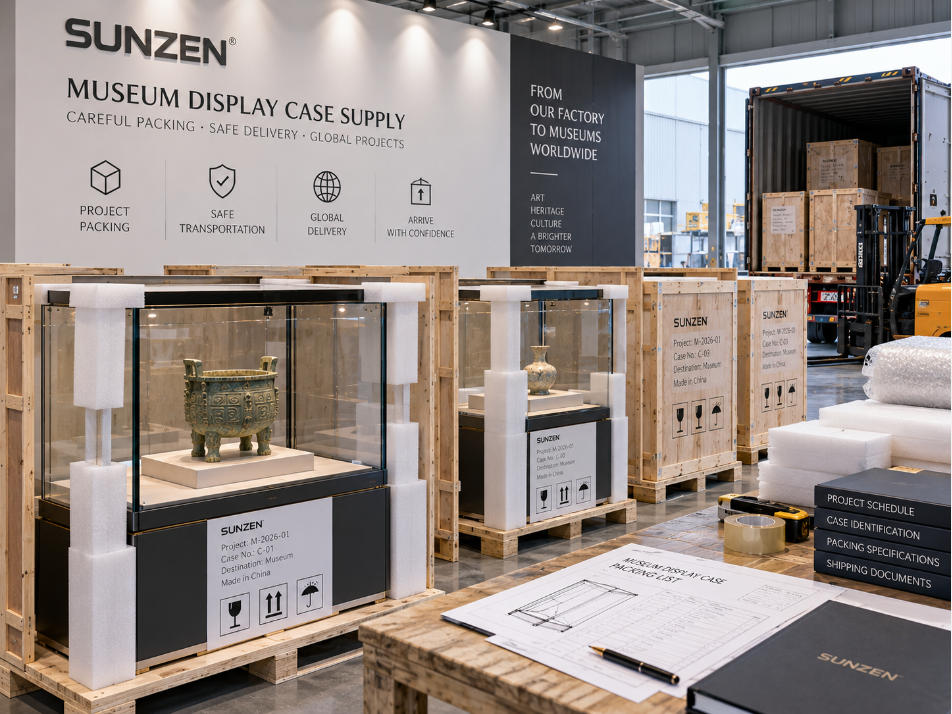 Museum display cases identified by project reference and prepared for organized protective packing and exhibition project delivery
