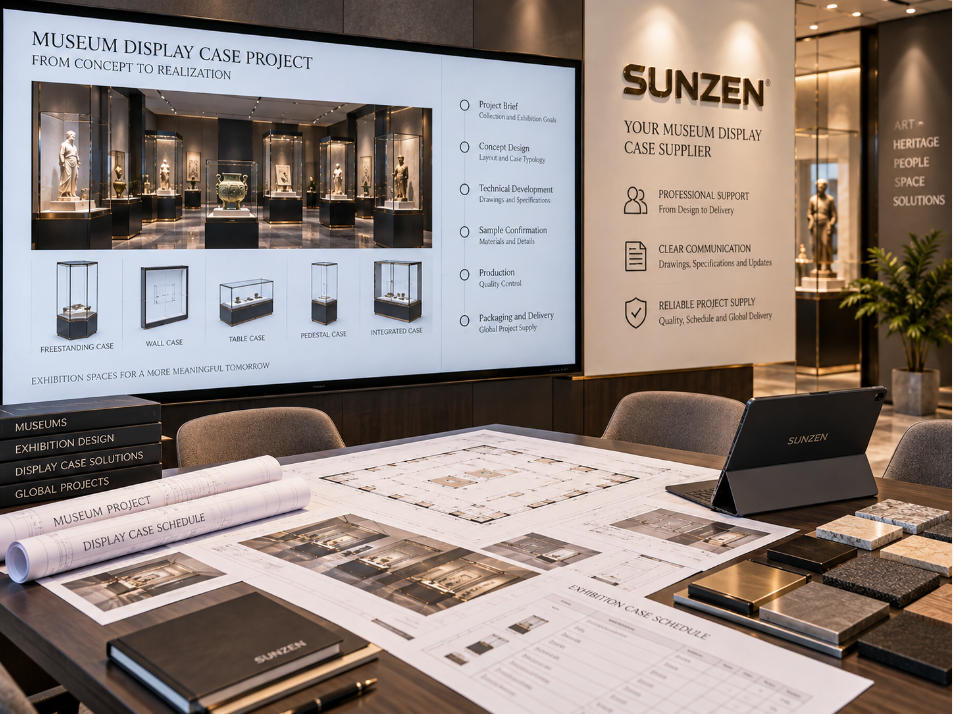 Museum display case supplier coordinating vitrine schedule drawings specifications approvals quantities and exhibition project requirements