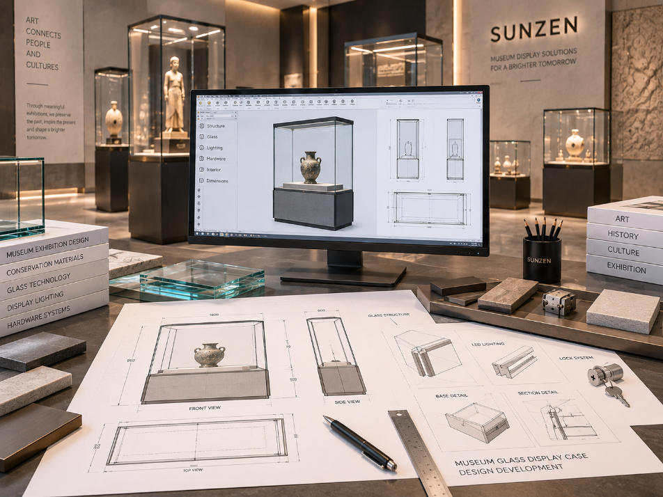Museum glass display case design coordinated with artifact dimensions exhibition layout glazing lighting and conservation requirements