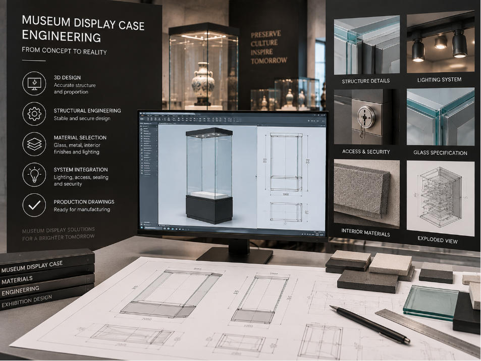 Museum glass display case CAD engineering with glazing structure access lighting sealing and production details