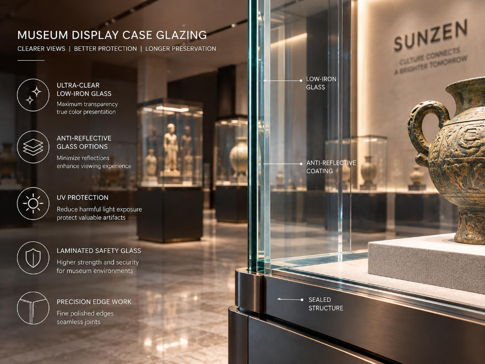 Museum glass display case glazing with ultra clear low iron and anti reflective glass for artifact visibility