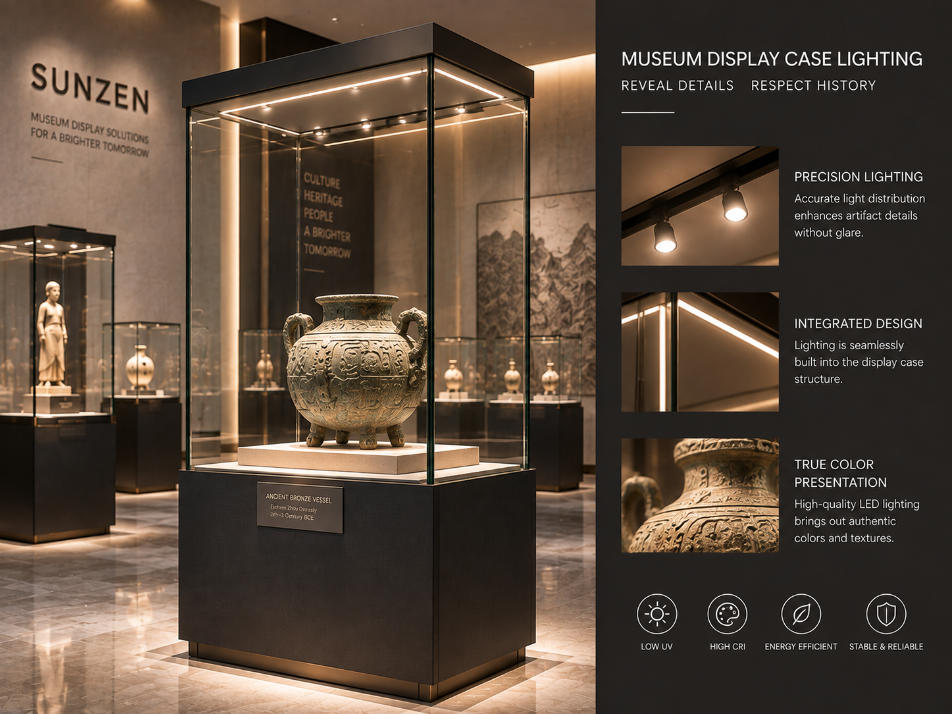 Integrated museum glass display case lighting coordinated with artifact presentation glazing and exhibition viewing