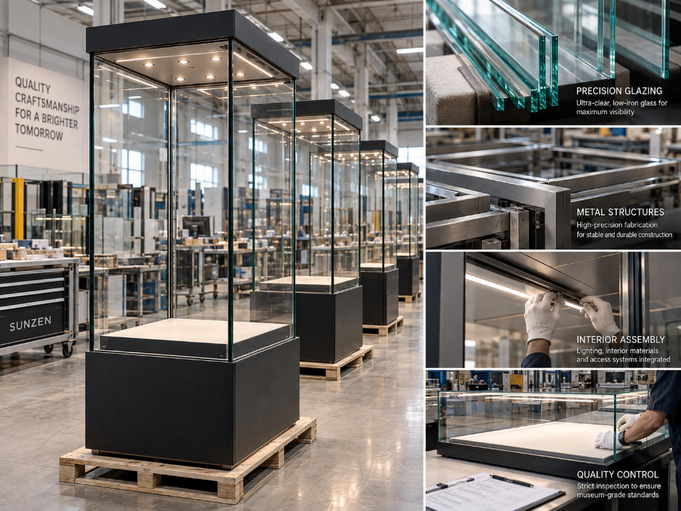 Museum glass display case manufacturing with precision glazing metal structures interior assembly lighting and quality control