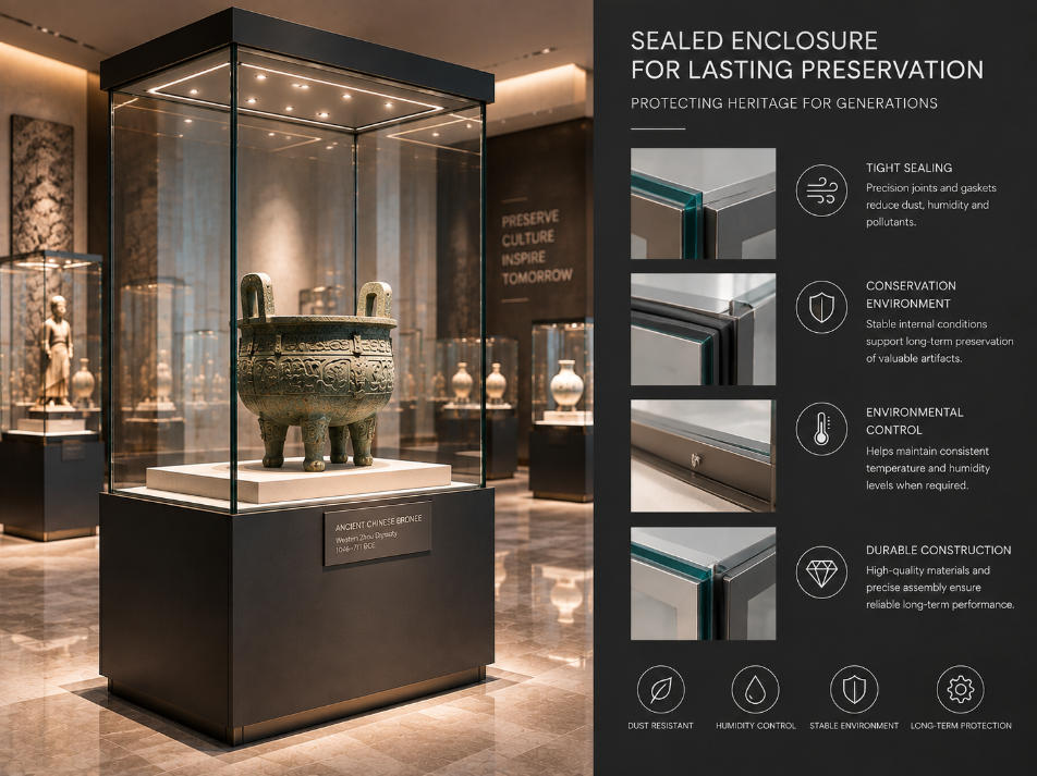 Museum glass display case sealed enclosure construction developed for conservation and environmental requirements