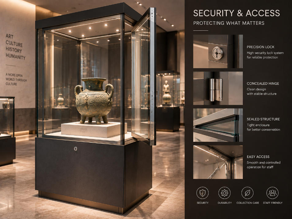 Museum glass display case security with concealed locks precision access hardware and protected artifact enclosure