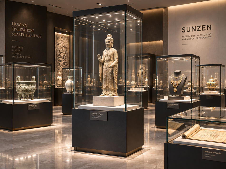 Museum glass display cases presenting archaeological objects artworks historical collections jewelry and cultural artifacts