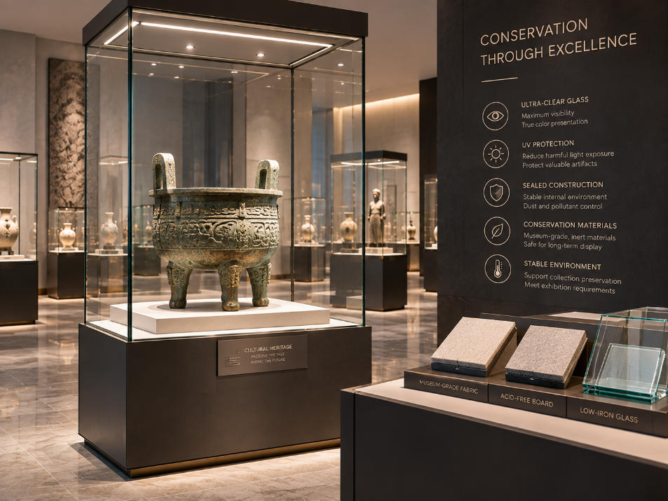 Museum glass display cases protecting cultural artifacts with clear glazing controlled lighting sealed construction and conservation materials