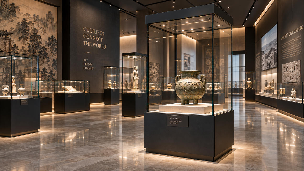 Completed museum exhibition project with coordinated freestanding wall pedestal and integrated glass display cases