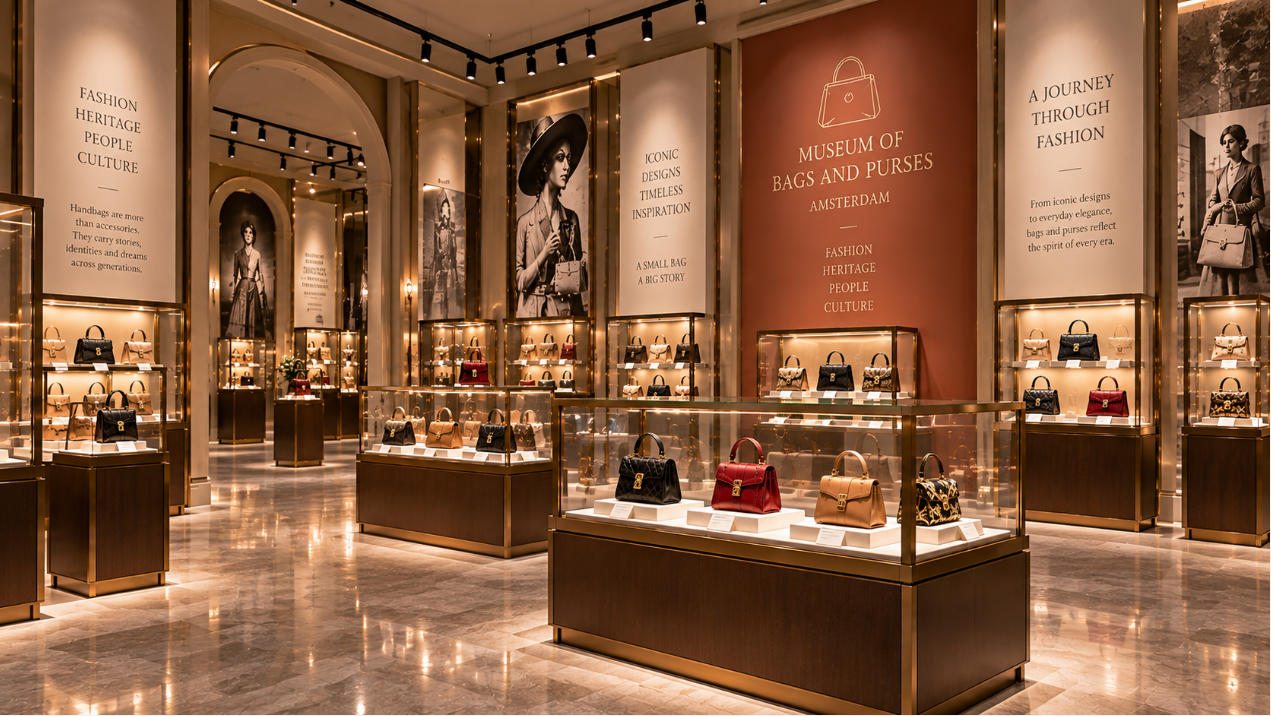 Completed Museum of Bags and Purses Amsterdam interior with fashion accessories museum display cases handbag galleries and boutique showcases