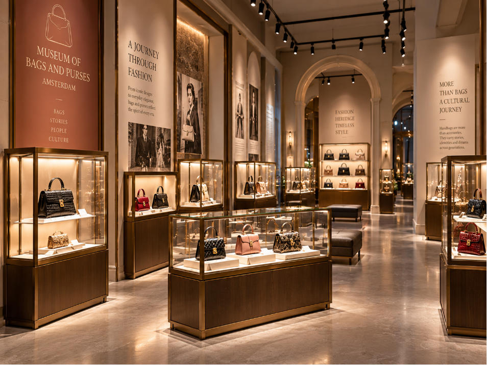 Museum of Bags and Purses Amsterdam gallery layout with handbag corridors boutique showcases and fashion history displays