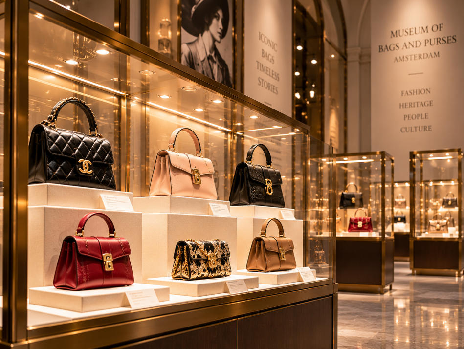 Fashion museum handbag display detail with ultra clear glass focused lighting and luxury bag collection