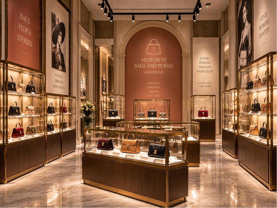 Museum handbag gallery with boutique window style display cases and fashion accessories collection