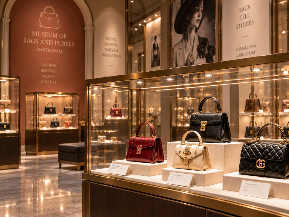 Luxury fashion museum showcase detail with glass metal wood finish and focused handbag lighting