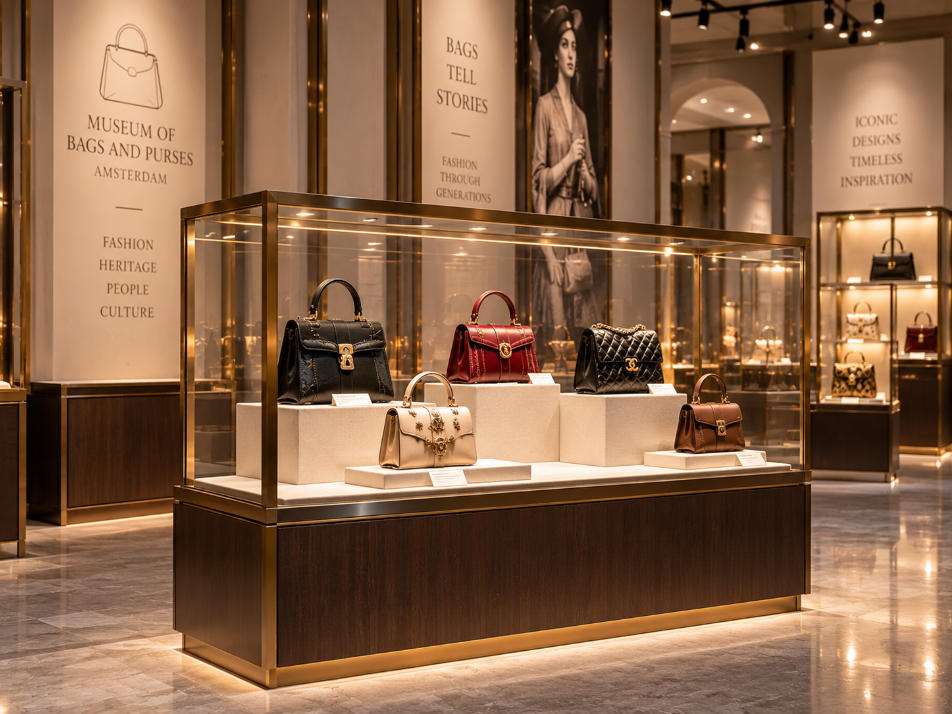 Fashion accessories museum showcase with ultra clear glass metal frame wood finish and luxury handbag display