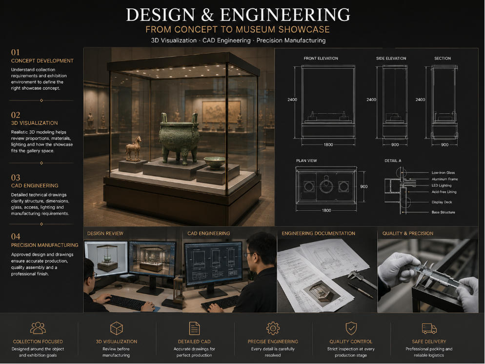 Custom museum showcase design 3D visualization CAD engineering and technical drawing development