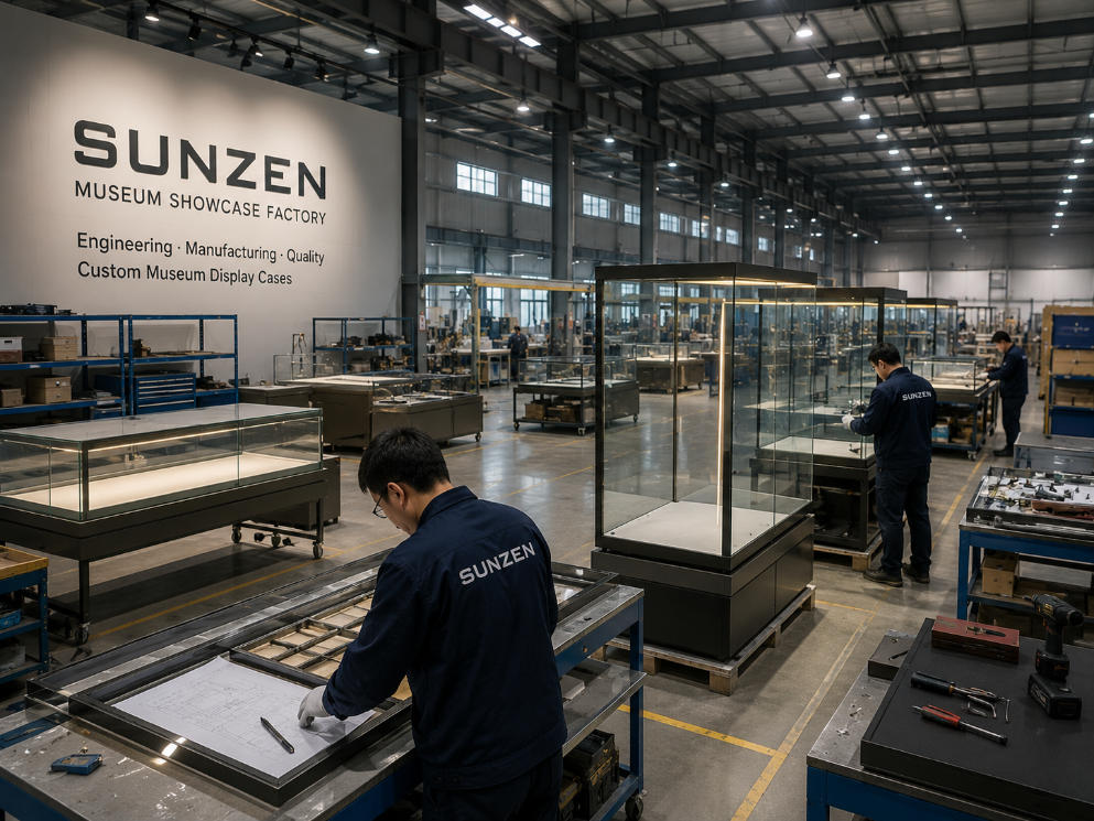 SUNZEN museum showcase factory manufacturing custom display cases for museums galleries and exhibitions