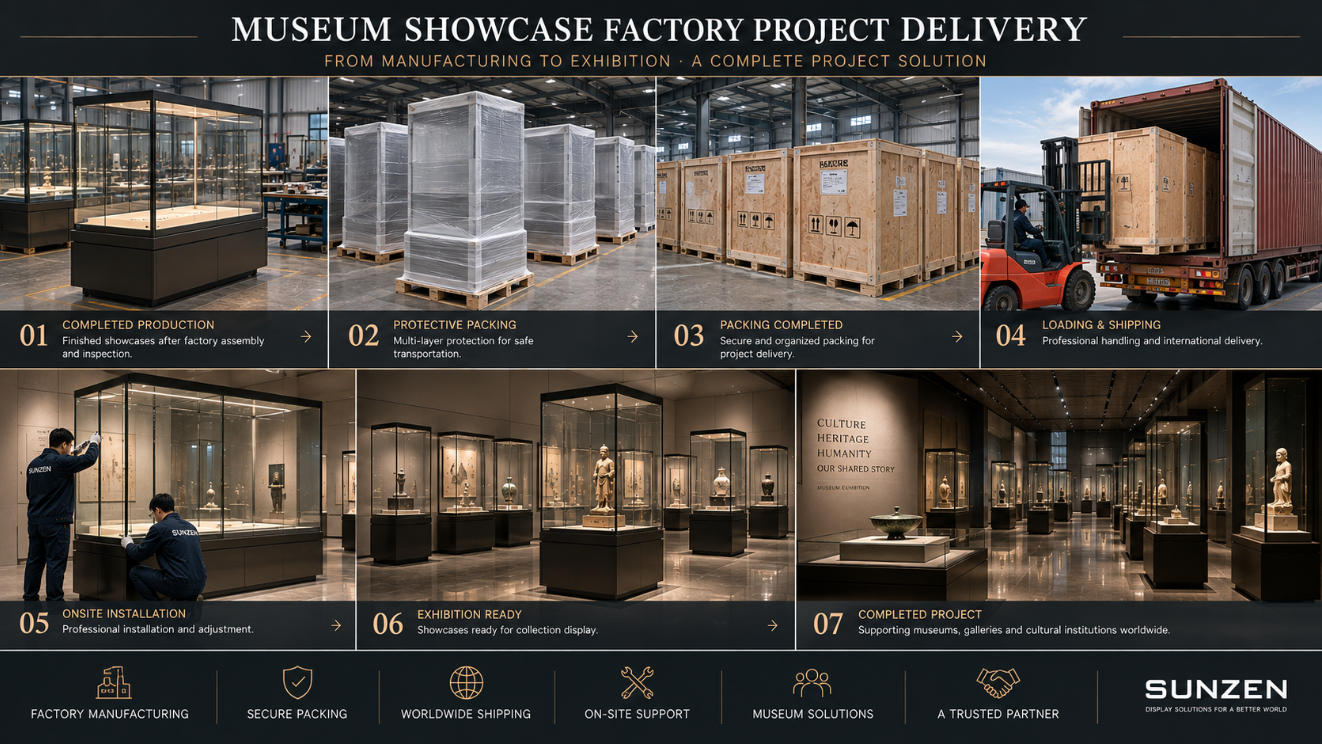 Completed custom museum showcases prepared through factory quality control packing delivery and exhibition installation