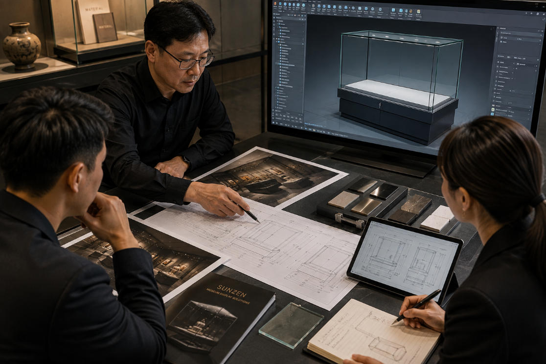 Museum showcase manufacturer reviewing exhibition design 3D visualization CAD drawings and technical engineering