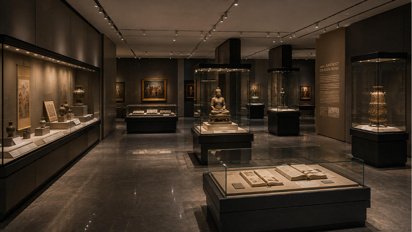 Completed museum exhibition demonstrating manufacturer capability across freestanding wall tabletop and pedestal showcases