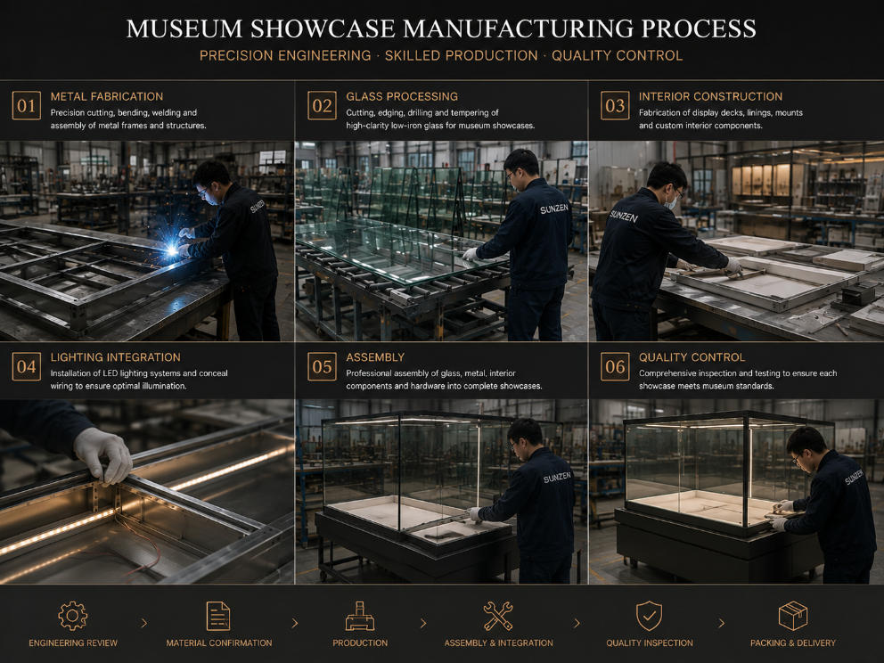 Museum showcase manufacturing process including metal fabrication glass processing interior construction lighting integration and assembly
