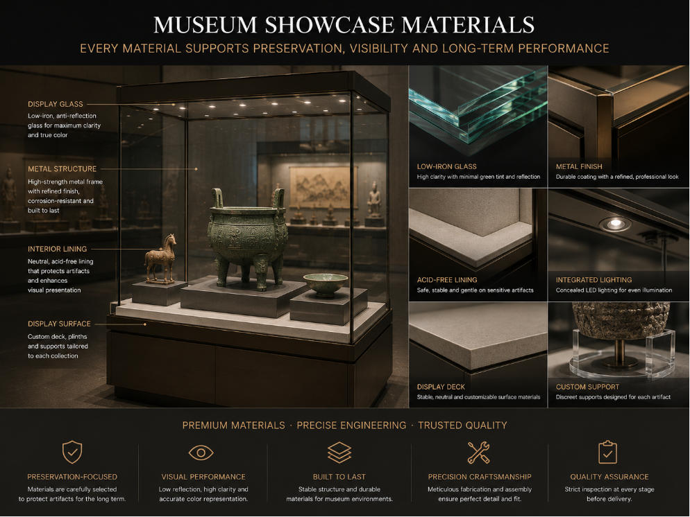 Custom museum showcase materials including display glass metal structure interior lining and artifact display surfaces