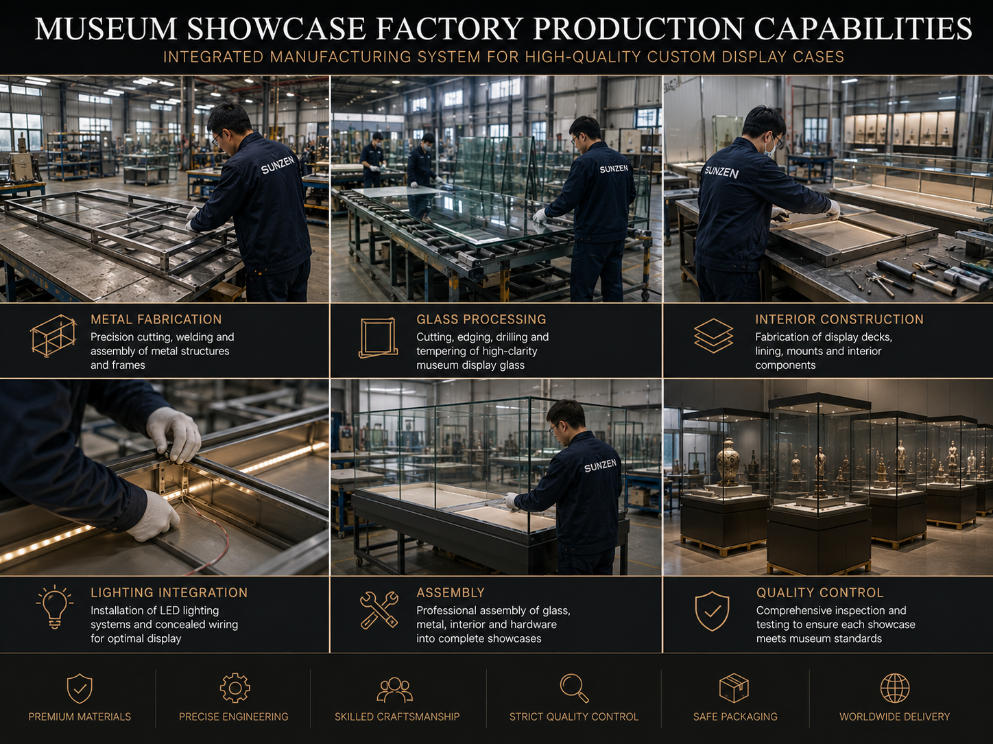 Museum showcase factory production capabilities including glass metal fabrication interior construction lighting and assembly