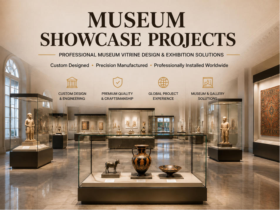 Museum showcase projects featuring custom museum vitrines and exhibition display solutions