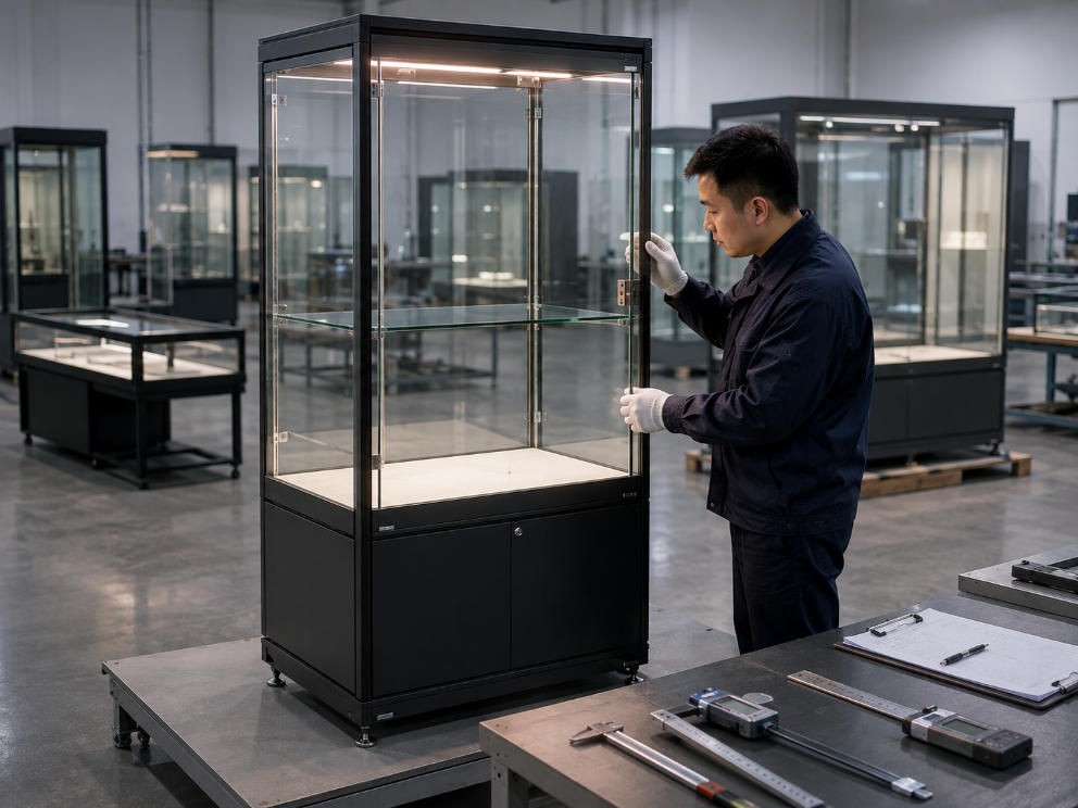 Museum showcase factory quality control inspection including dimensions glass finishes lighting access systems and final assembly