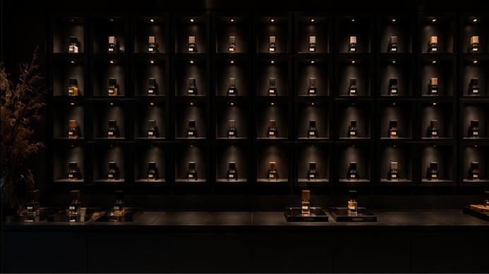 Dark single scent cabinets matte black steel single bottle display