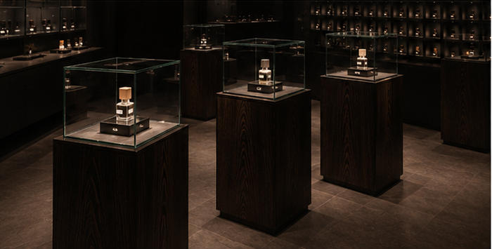 Dark wood gallery pods isolated art perfume stands