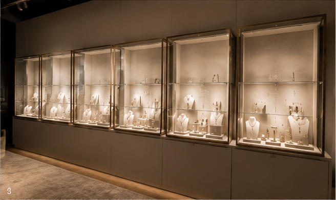 Neutral tone gallery vitrines with soft ambient lighting