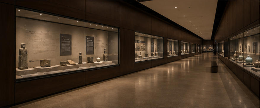 Wood steel display for long heritage corridors