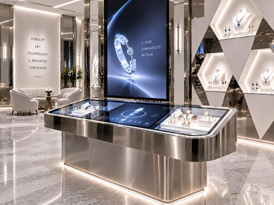 Digital interactive jewelry display inside futuristic Noor Fares Dubai boutique