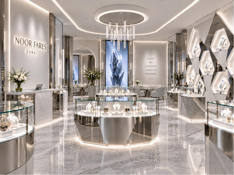 Open futuristic jewelry store layout with modern display fixtures inside Noor Fares Dubai