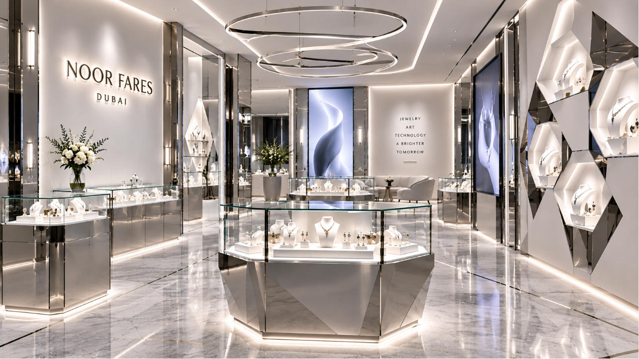 Noor Fares Dubai custom modern jewelry store fixtures in futuristic designer jewelry boutique