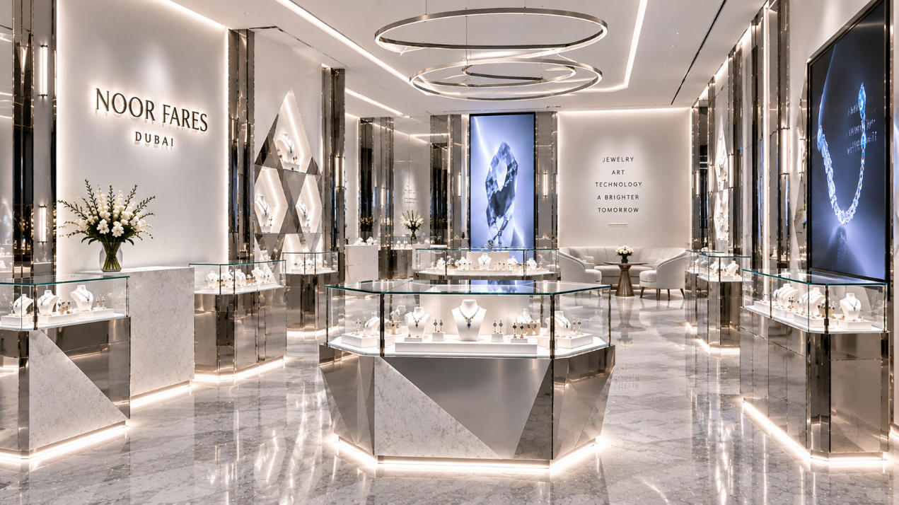 Completed Noor Fares Dubai interior with custom modern jewelry store fixtures