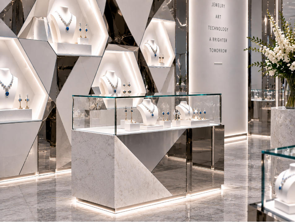 Geometric jewelry display fixture detail with acrylic mirrored metal and white stone