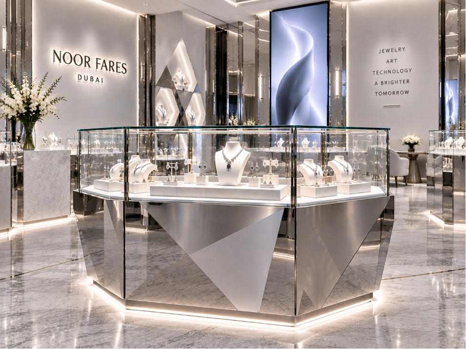 Modern jewelry display fixture with white stone acrylic mirrored stainless steel and cool white lighting