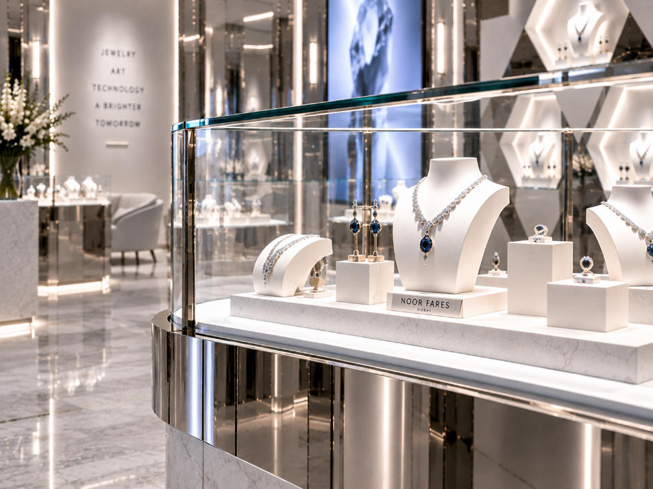 Modern jewelry showcase detail with mirrored stainless steel acrylic and cool white LED lighting
