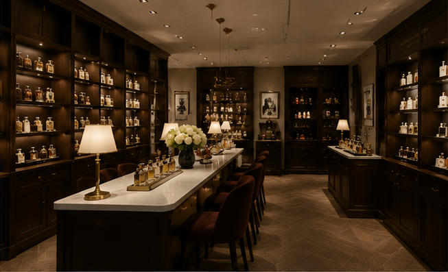 Dark wood scent cabinets with thin brass trim for niche perfume bottles