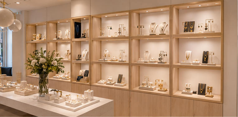 Smooth matte white stone central counters for open boutique browsing