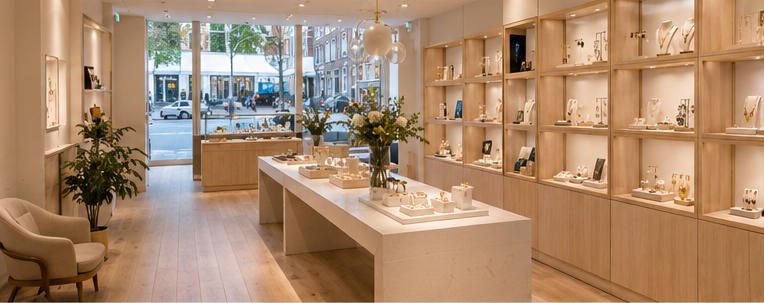 Slim brass trim vitrines with soft internal LED light strips