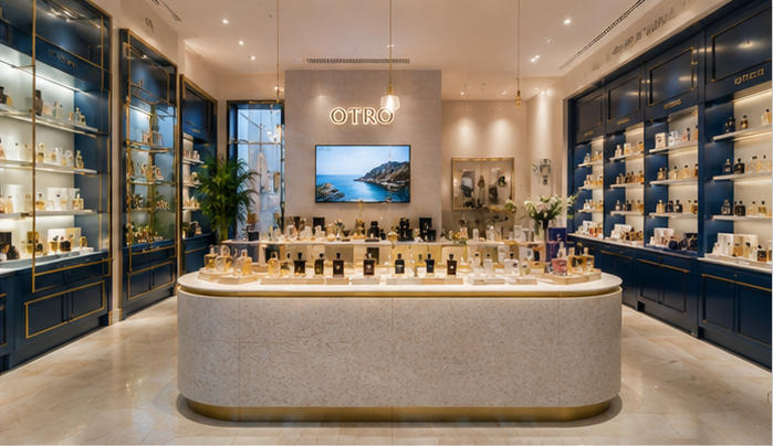 Blue gloss wall vitrine for full-length collection display walls