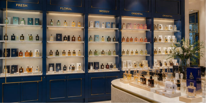 Gold trim scent plinth for signature limited perfume exhibits