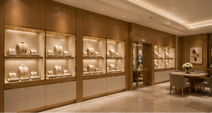 Light wood wall cases with stone trim for high jewelry collections