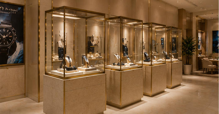 Stone watch vitrines thin champagne metal frames